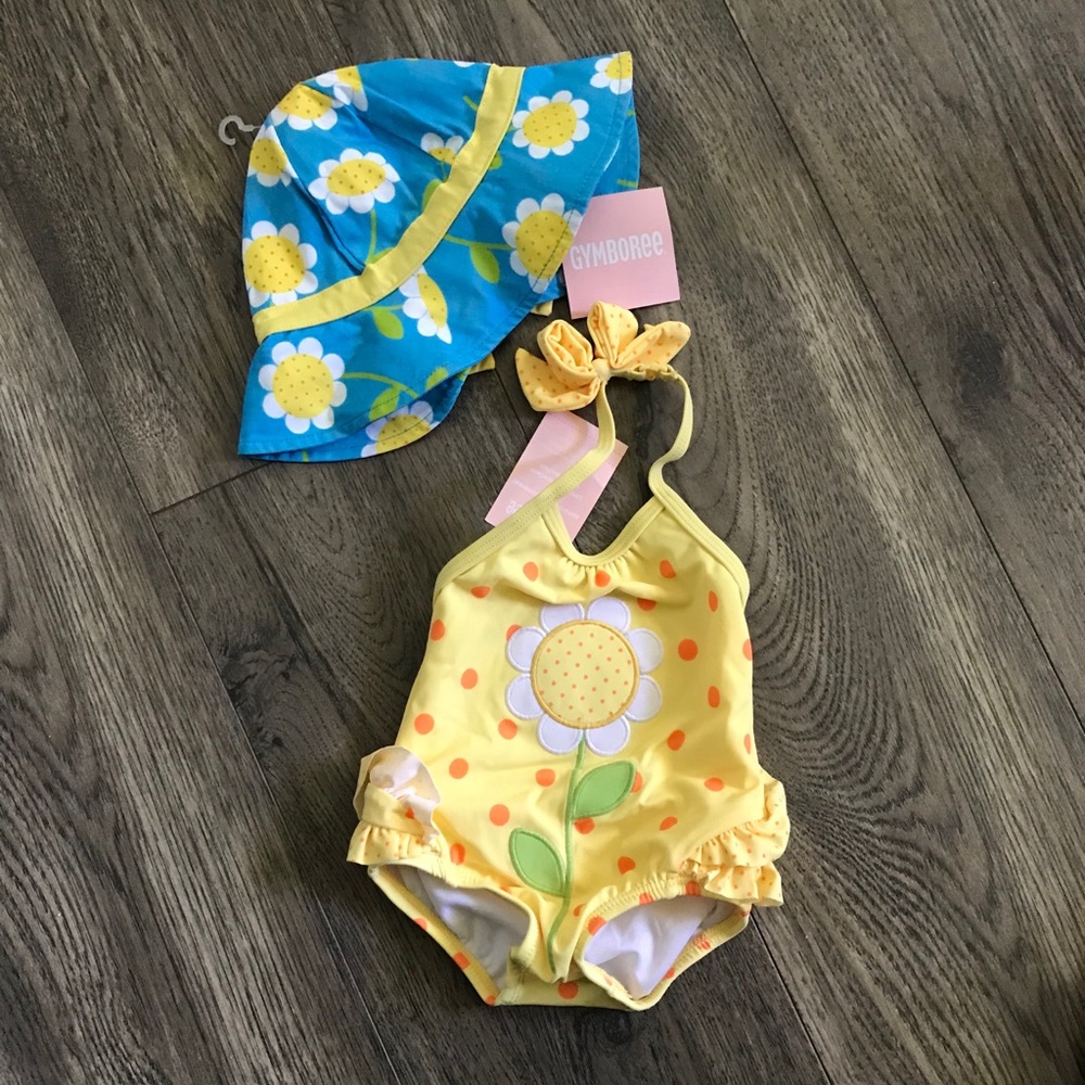 Gymboree sunflower swimsuit and sun hat size 0-3